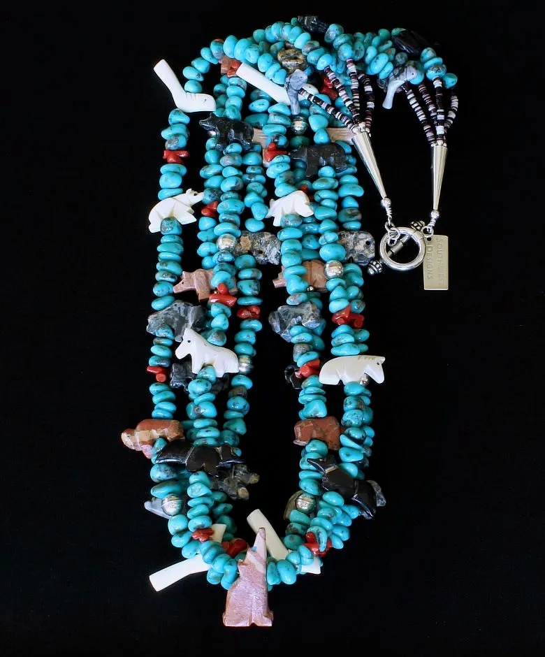 38-Piece Amulet Necklace with 4 Strands of Campitos Turquoise Nuggets, Cupolini Stick, Oyster Shell Heishi, and Sterling Silver Beads, Cones and Toggle Clasp