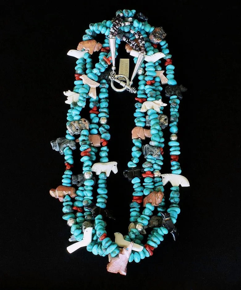 38-Piece Amulet Necklace with 4 Strands of Campitos Turquoise Nuggets, Cupolini Stick, Oyster Shell Heishi, and Sterling Silver Beads, Cones and Toggle Clasp