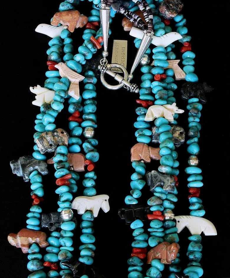 38-Piece Amulet Necklace with 4 Strands of Campitos Turquoise Nuggets, Cupolini Stick, Oyster Shell Heishi, and Sterling Silver Beads, Cones and Toggle Clasp