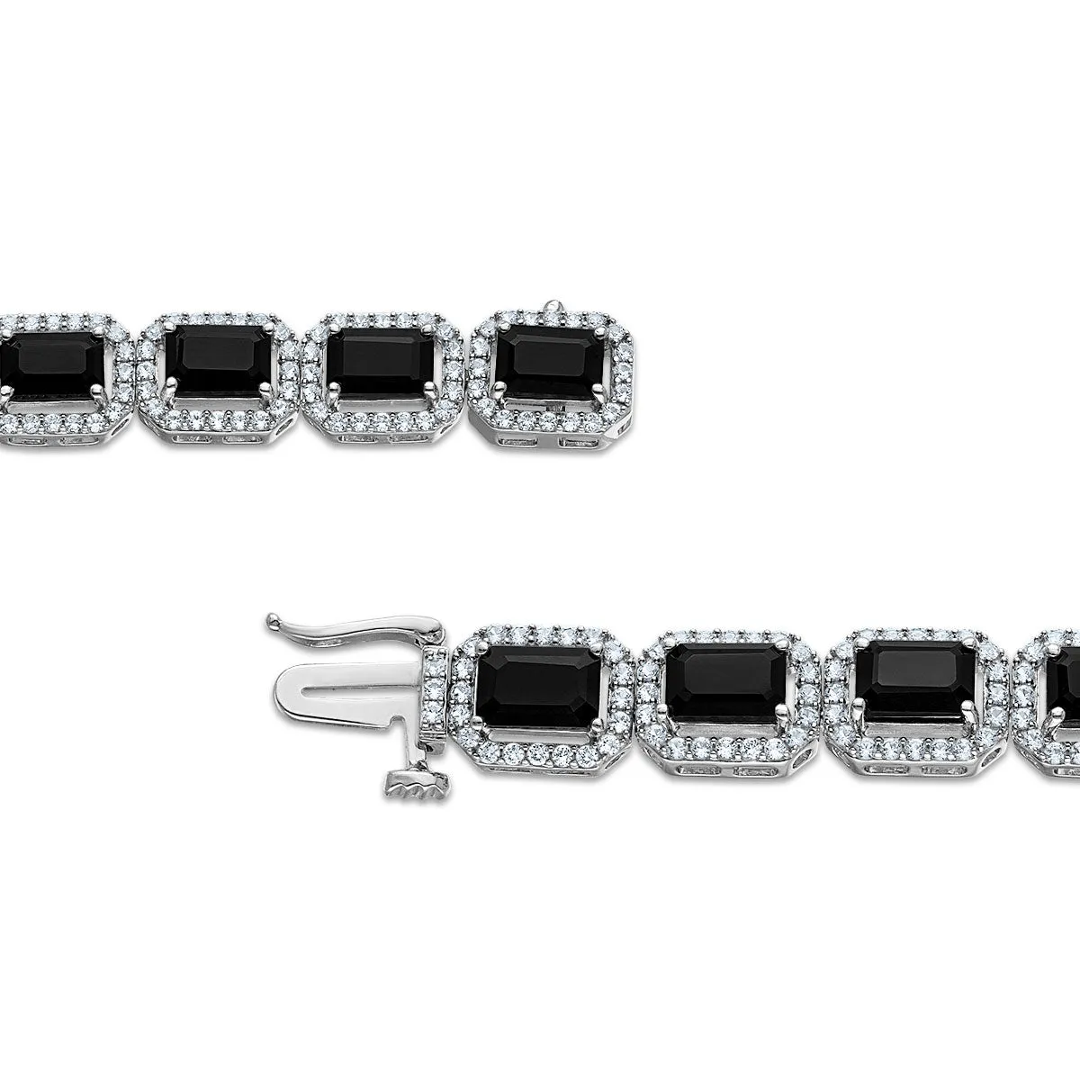 6X4MM Emerald Shape Black Spinel and White Sapphire 7.5-inch Halo Tennis Bracelet in Rhodium Plated Sterling Silver