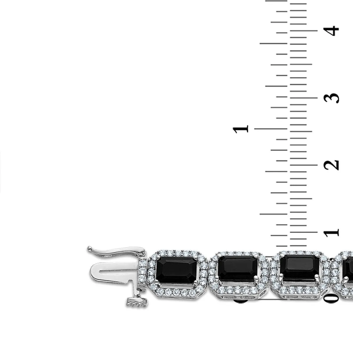 6X4MM Emerald Shape Black Spinel and White Sapphire 7.5-inch Halo Tennis Bracelet in Rhodium Plated Sterling Silver