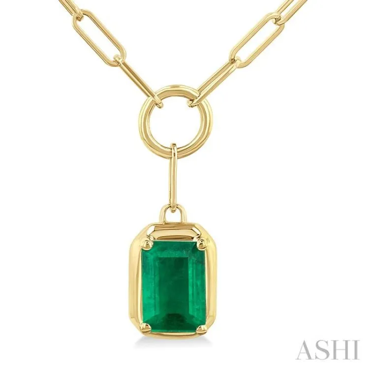 6X4MM Emerald Solitaire Precious Paper Clip Necklace in 10K Yellow Gold