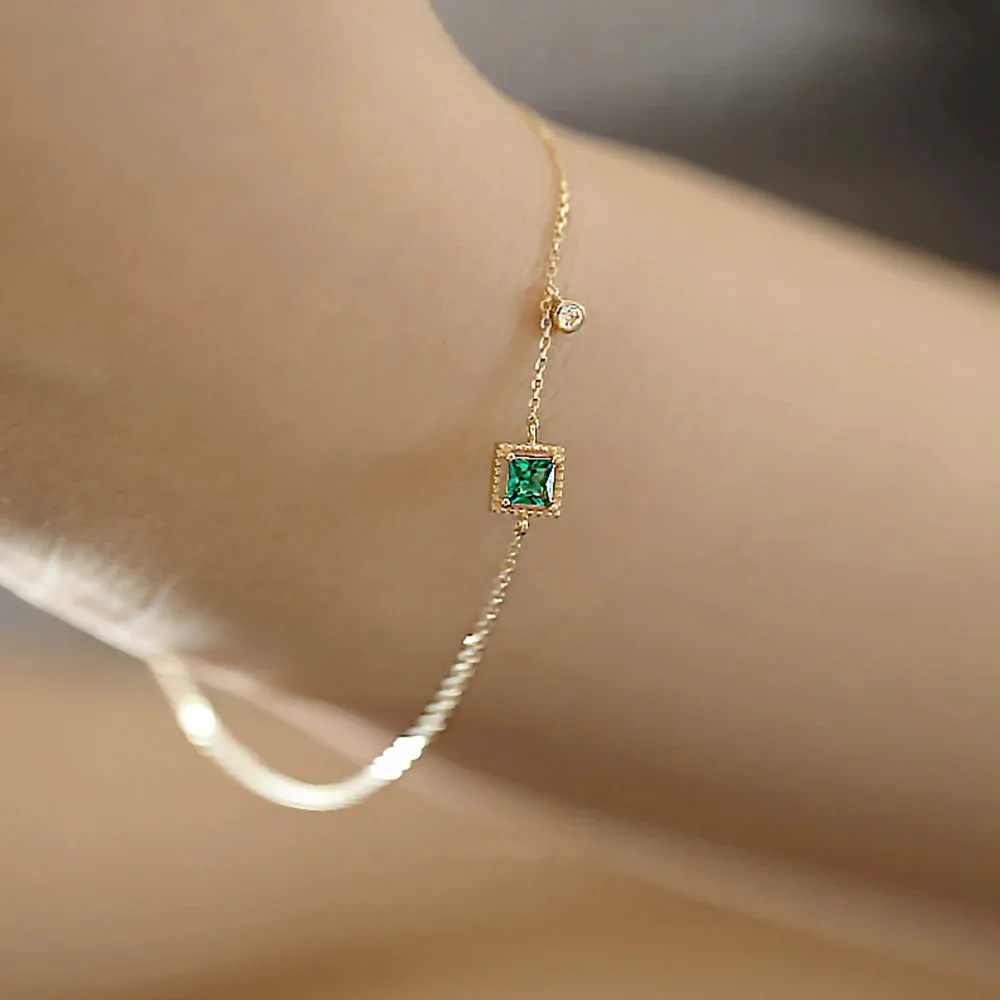 925 Sterling Silver Bracelet Charm Jewelry - Geometric Square Emerald Zircon - Xm289