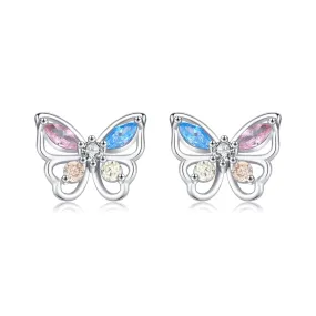 925 Sterling Silver Dopamine Color Butterfly Stud Earrings - Sweet and Delicate Korean Version