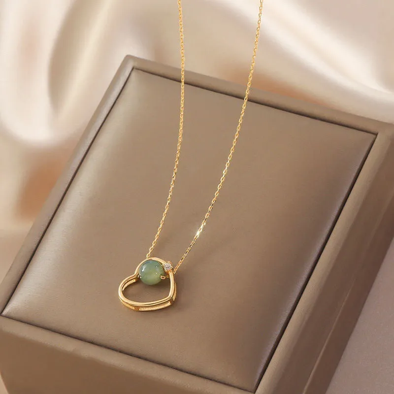 925 Sterling Silver Hollow Heart Hetian Jade Necklace