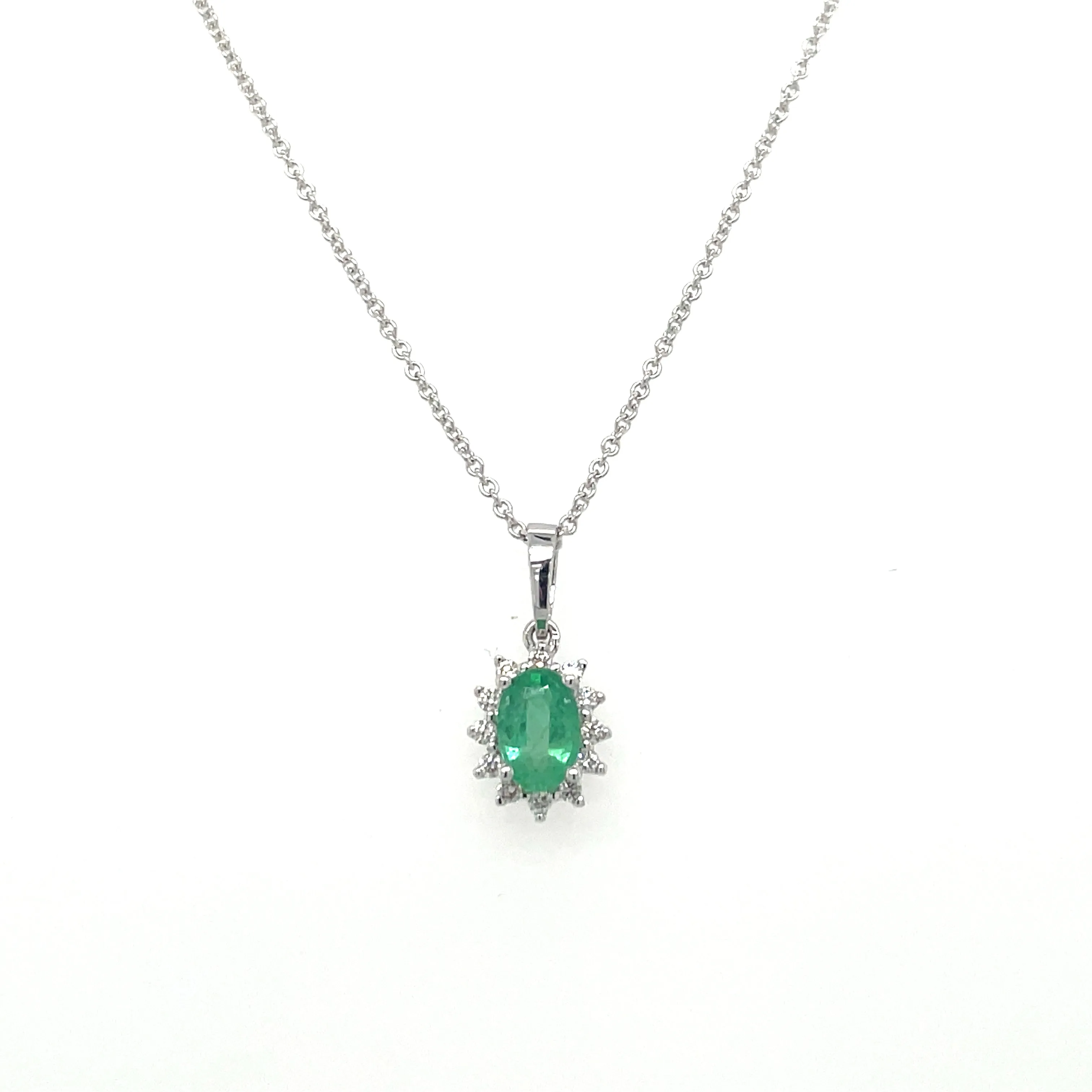 9ct White Gold Earth Grown Princess Di Style Emerald & Diamond Pendant