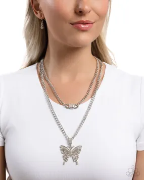 Aerial Arrangement - White - Rhinestone Encrusted Butterfly Curb Chain Tiered Paparazzi Short Necklace - October 2024 Possible Pop-Up Shop Exclusive