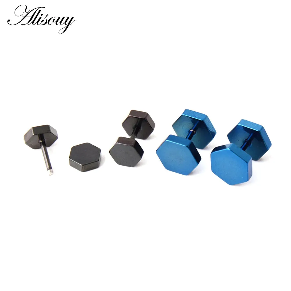 Alisouy 2pc hexagon studs Wholesale Fashion Black  color Stainless Steel Earrings Women Men's Punk Gothic Stud Earring For men