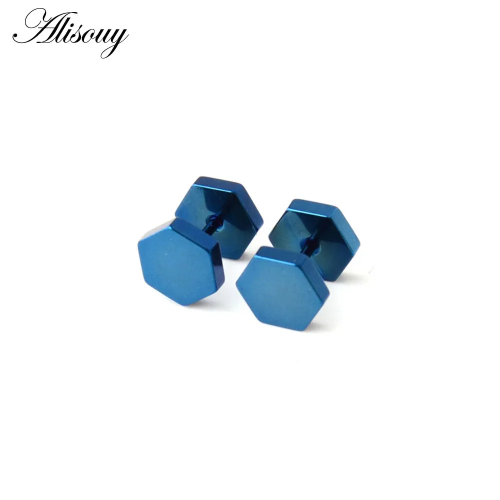 Alisouy 2pc hexagon studs Wholesale Fashion Black  color Stainless Steel Earrings Women Men's Punk Gothic Stud Earring For men