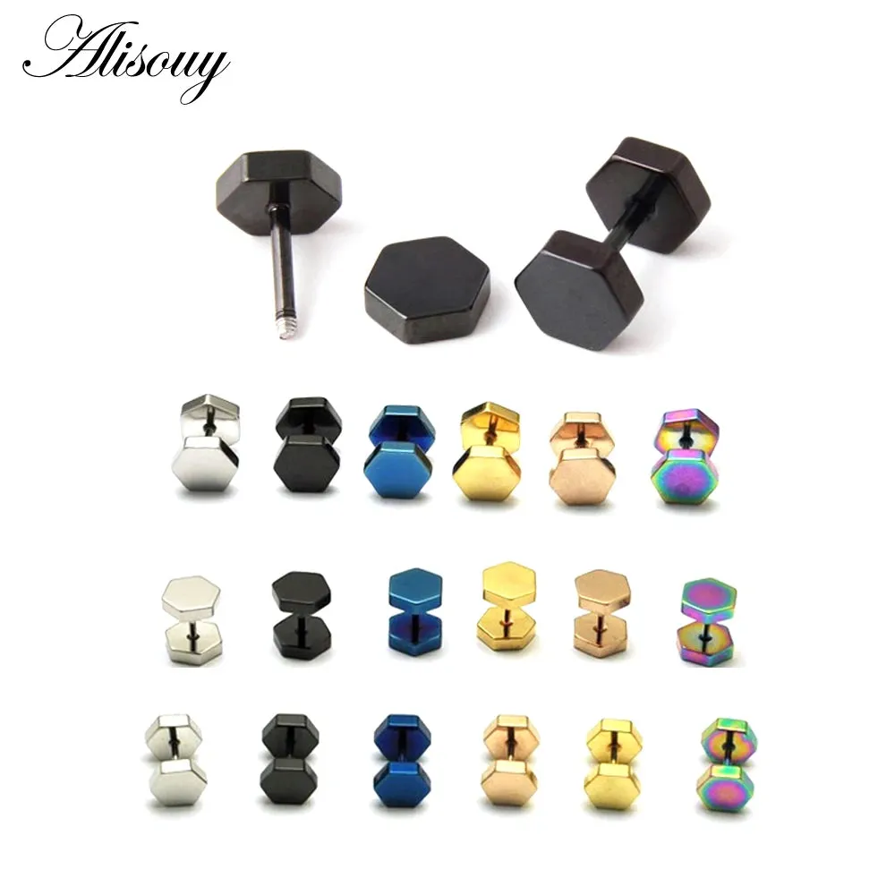 Alisouy 2pc hexagon studs Wholesale Fashion Black  color Stainless Steel Earrings Women Men's Punk Gothic Stud Earring For men