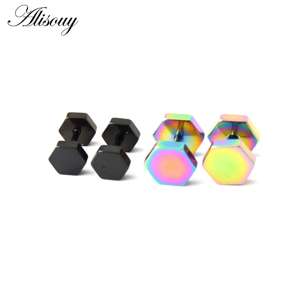 Alisouy 2pc hexagon studs Wholesale Fashion Black  color Stainless Steel Earrings Women Men's Punk Gothic Stud Earring For men