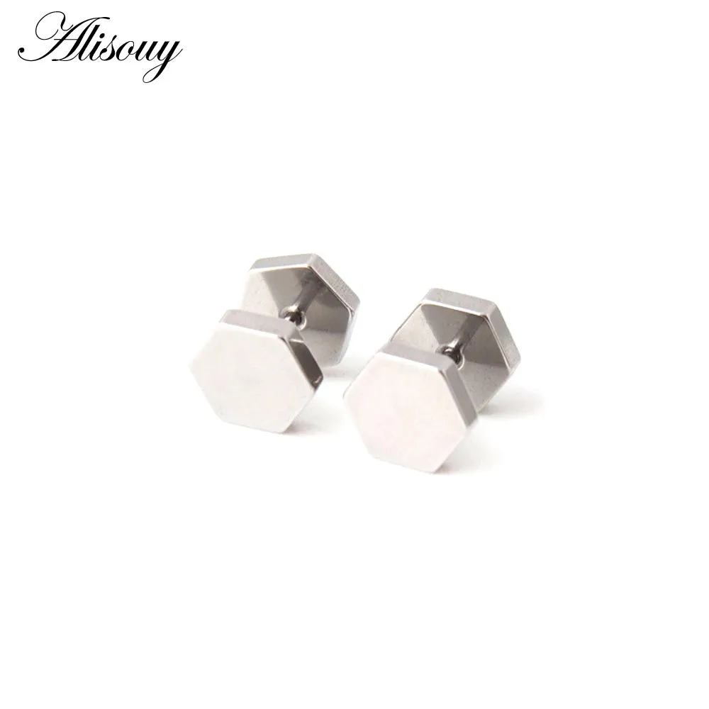 Alisouy 2pc hexagon studs Wholesale Fashion Black  color Stainless Steel Earrings Women Men's Punk Gothic Stud Earring For men