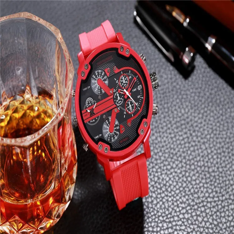 All-Match Fashion Handsome Cool Style Oversized Large Dial Double Inserts Rubber-Coated Steel Belt Quartz Watch