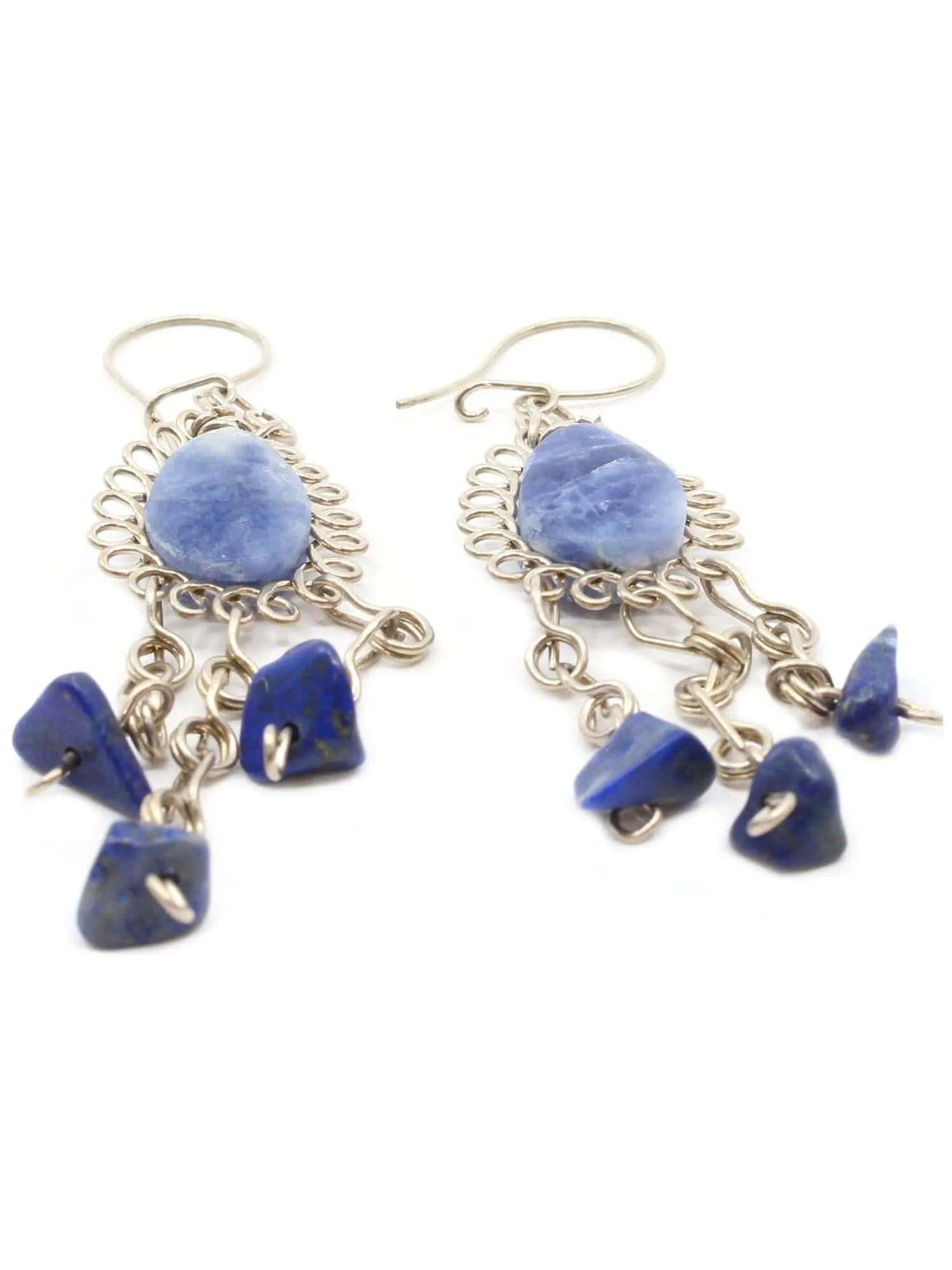 Alpaca Silver Wire Pierced Earrings Lapis Lazuli Teardrop and Stones