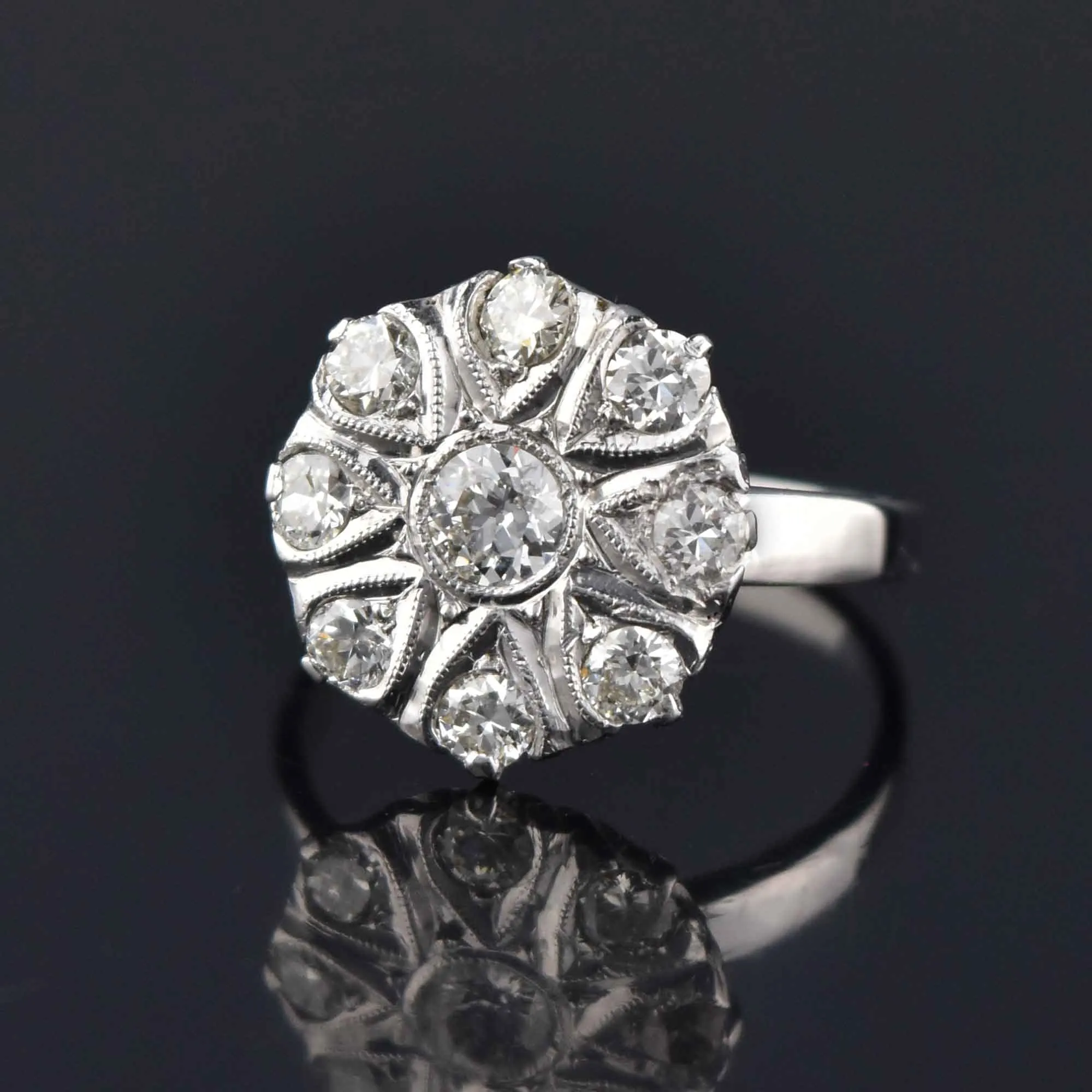 Antique Edwardian Diamond Cluster Ring in 14K White Gold