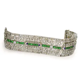 Art Deco Emerald and Diamond Wide Bracelet