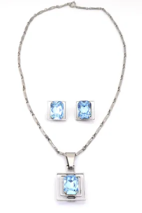 Art Deco Style Vintage Emerald Cut Blue Crystal Necklace and Earrings