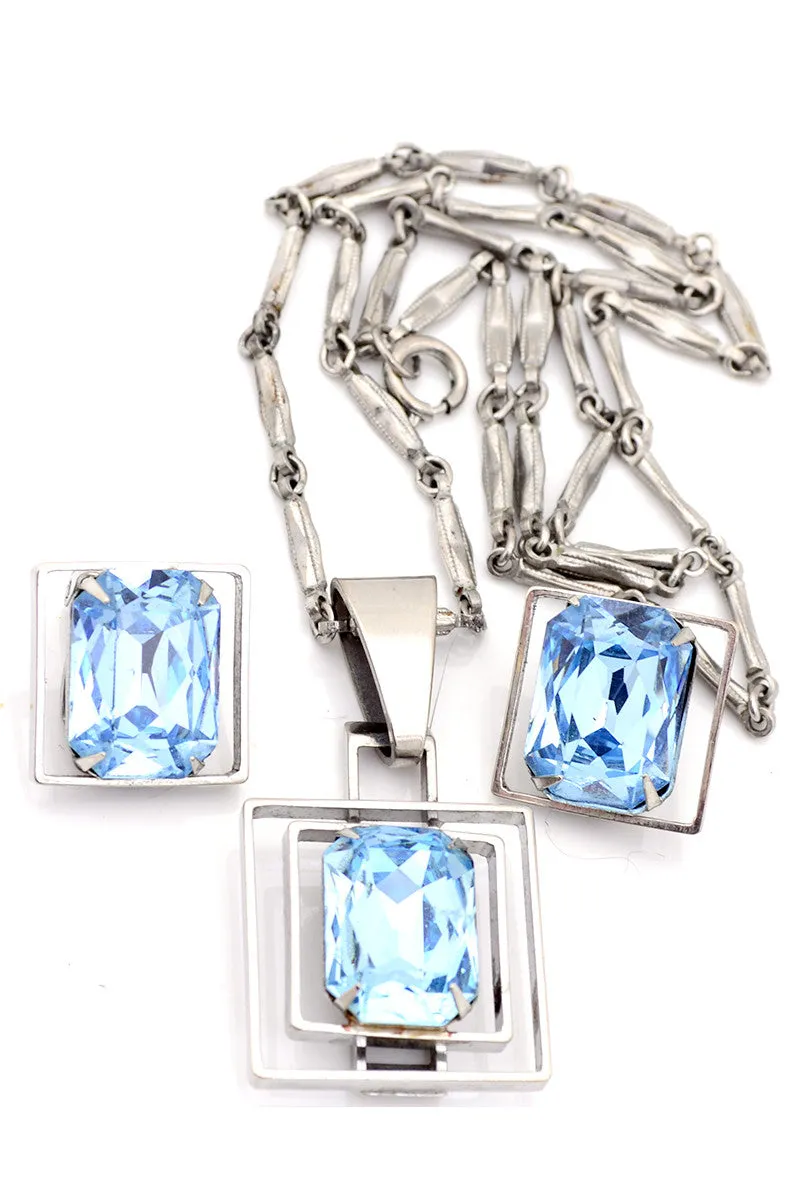 Art Deco Style Vintage Emerald Cut Blue Crystal Necklace and Earrings