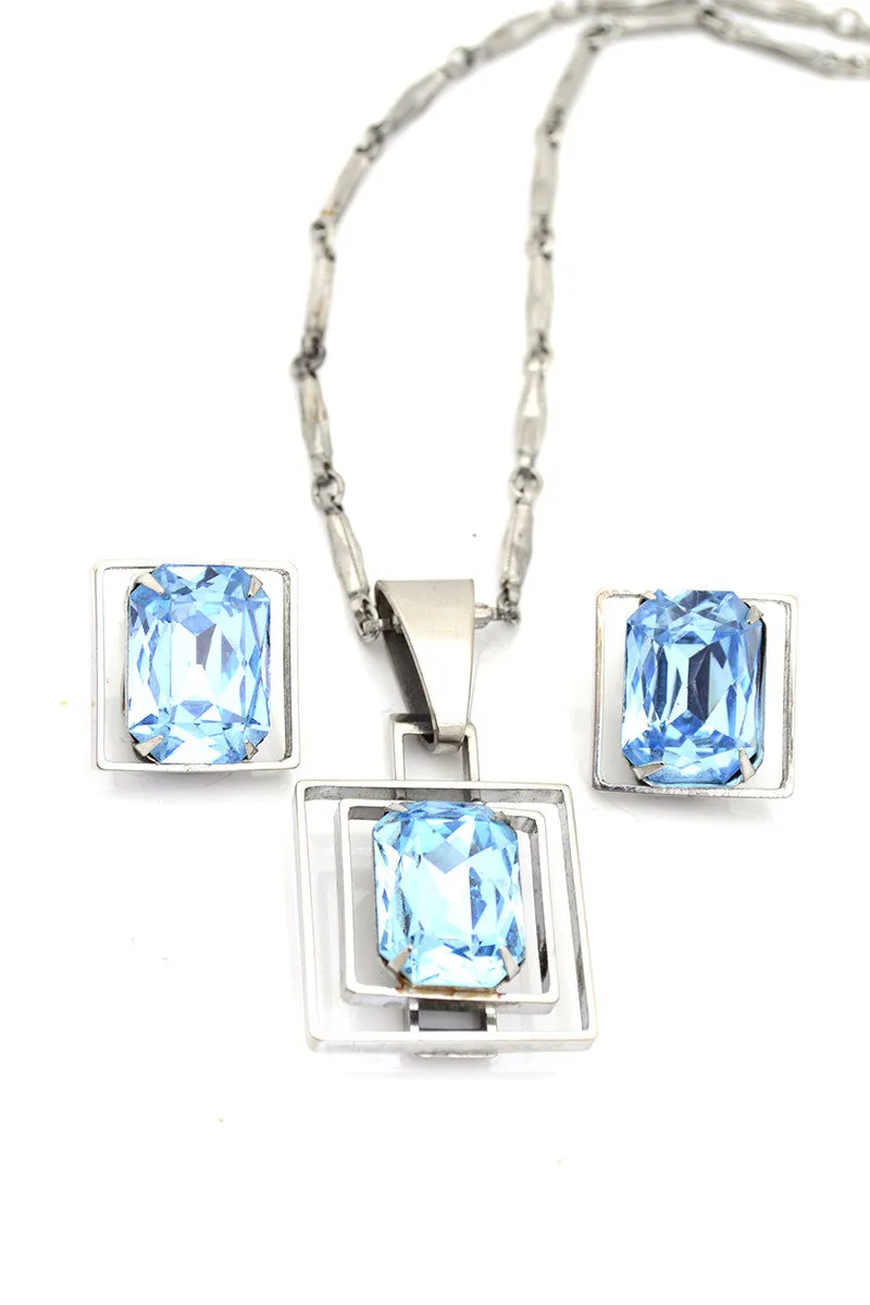 Art Deco Style Vintage Emerald Cut Blue Crystal Necklace and Earrings