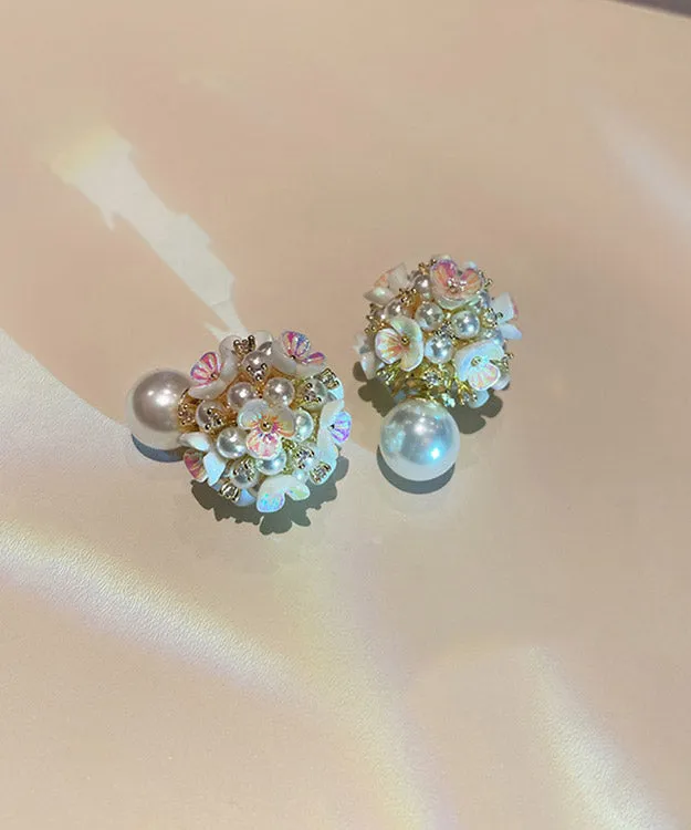 Art White Alloy Acrylic Pearl Zircon Floral Stud Earrings