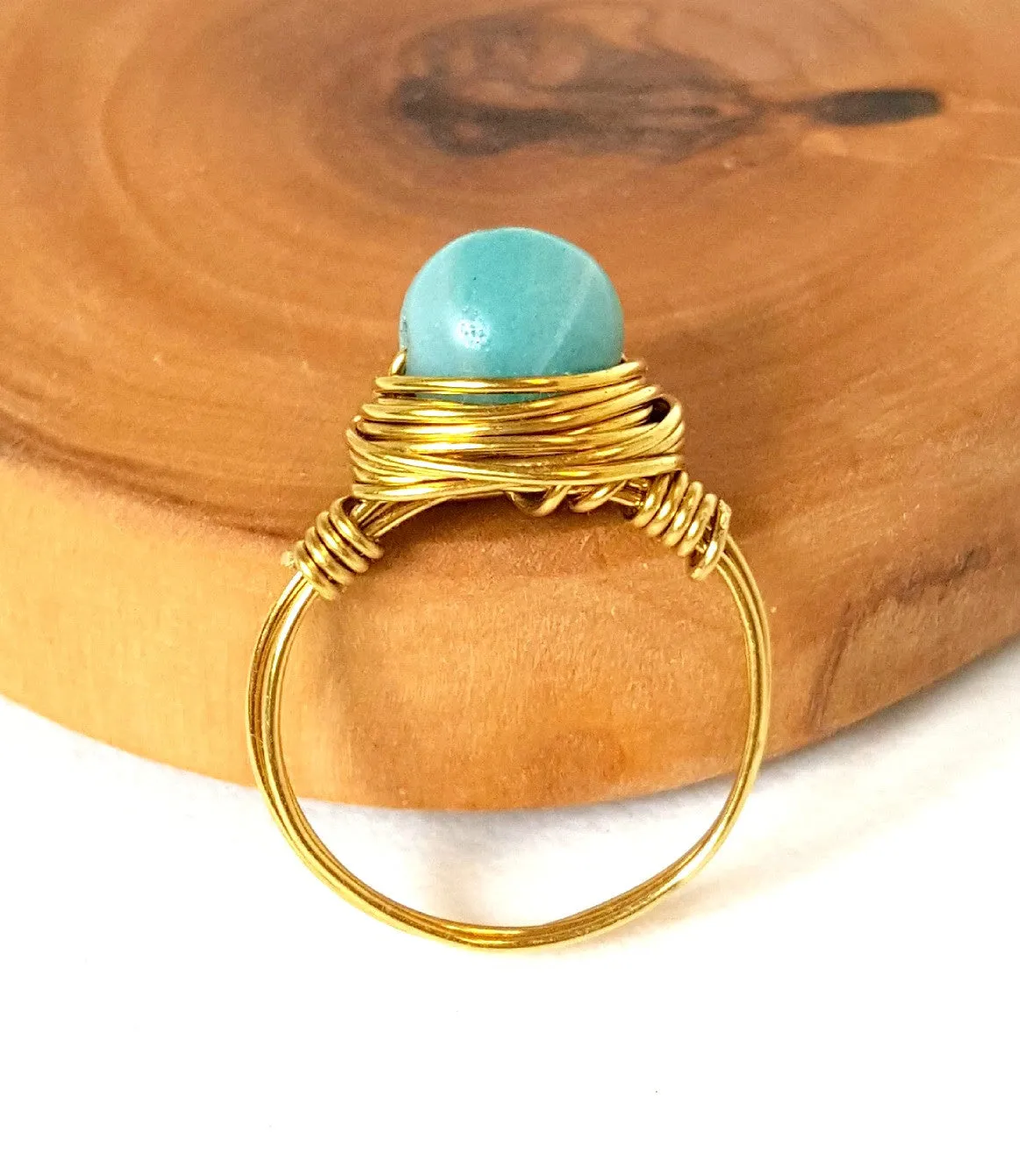 Artisan Amazonite Ring Hand Wire Wrapped Beachy