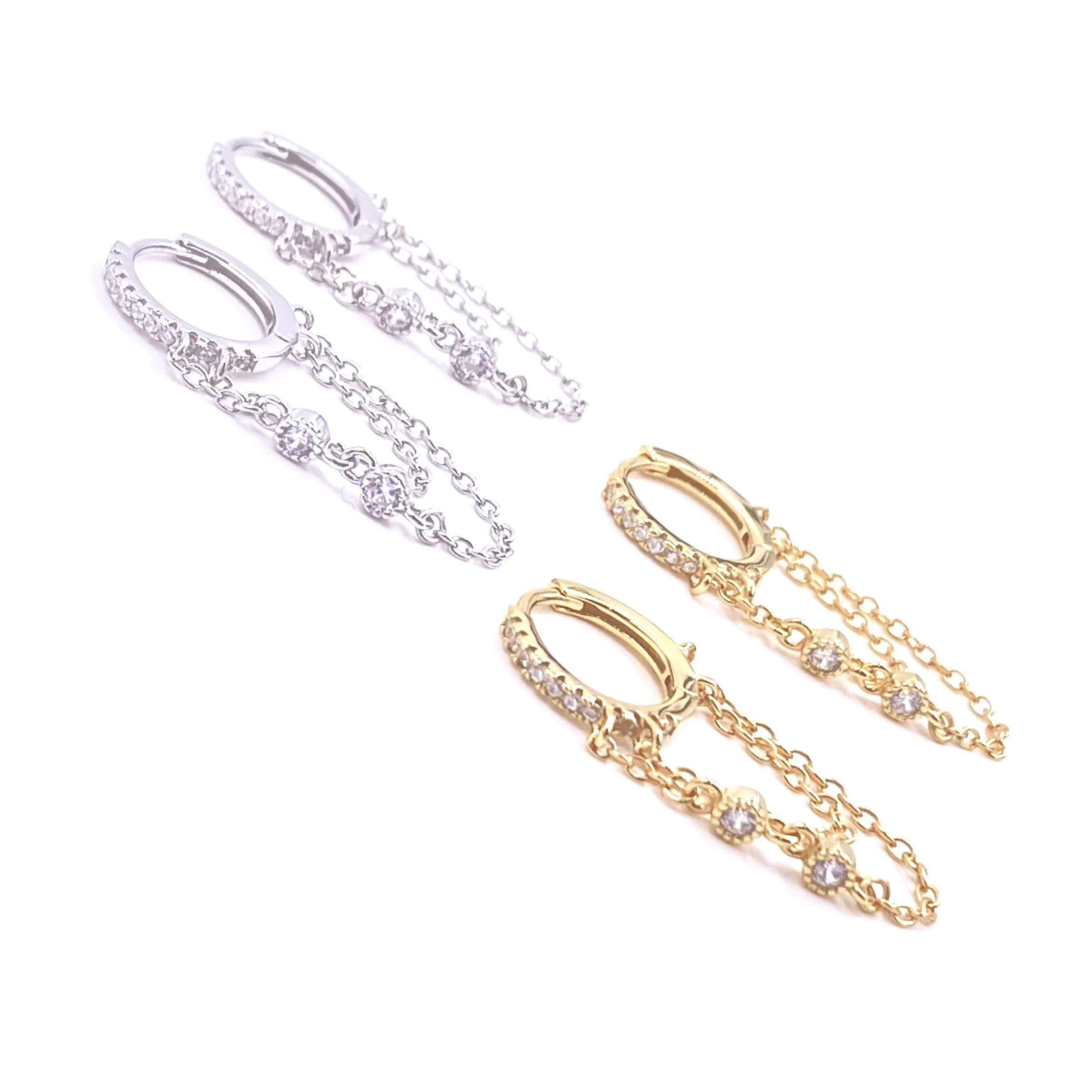 Ashley Gold Sterling Silver Double Chain CZ Hoop Earrings