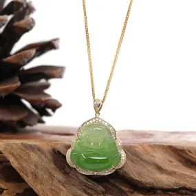 Baikalla "Laughing Buddha" 14k Gold Genuine Nephrite Apple Green Jade with 1/3 cttw VS1 Diamonds