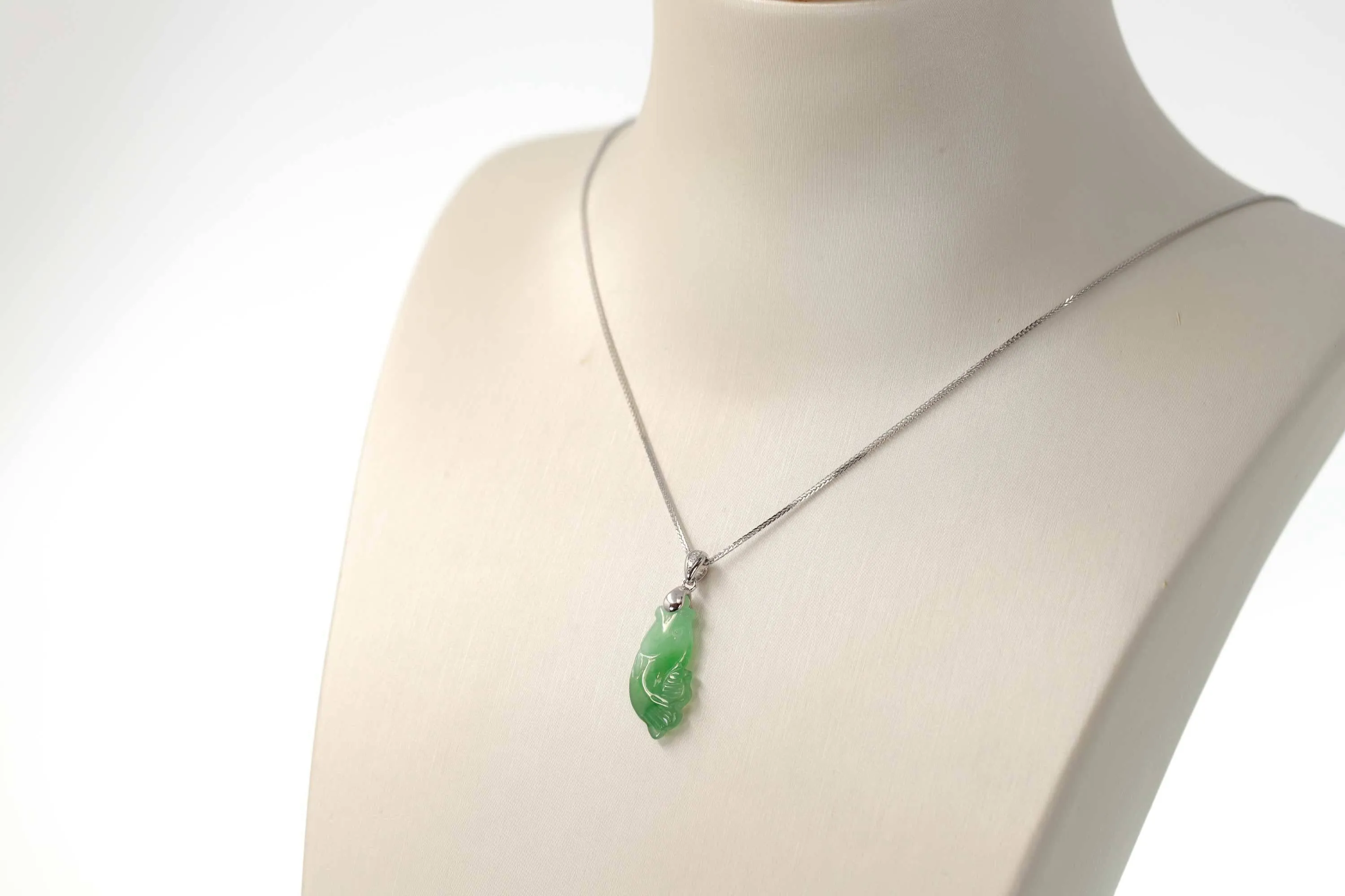 Baikalla "Prosperity Every Year (年年有鱼)" Lucky Fish Carving Pendant Necklace Natural Jadeite Jade JG160