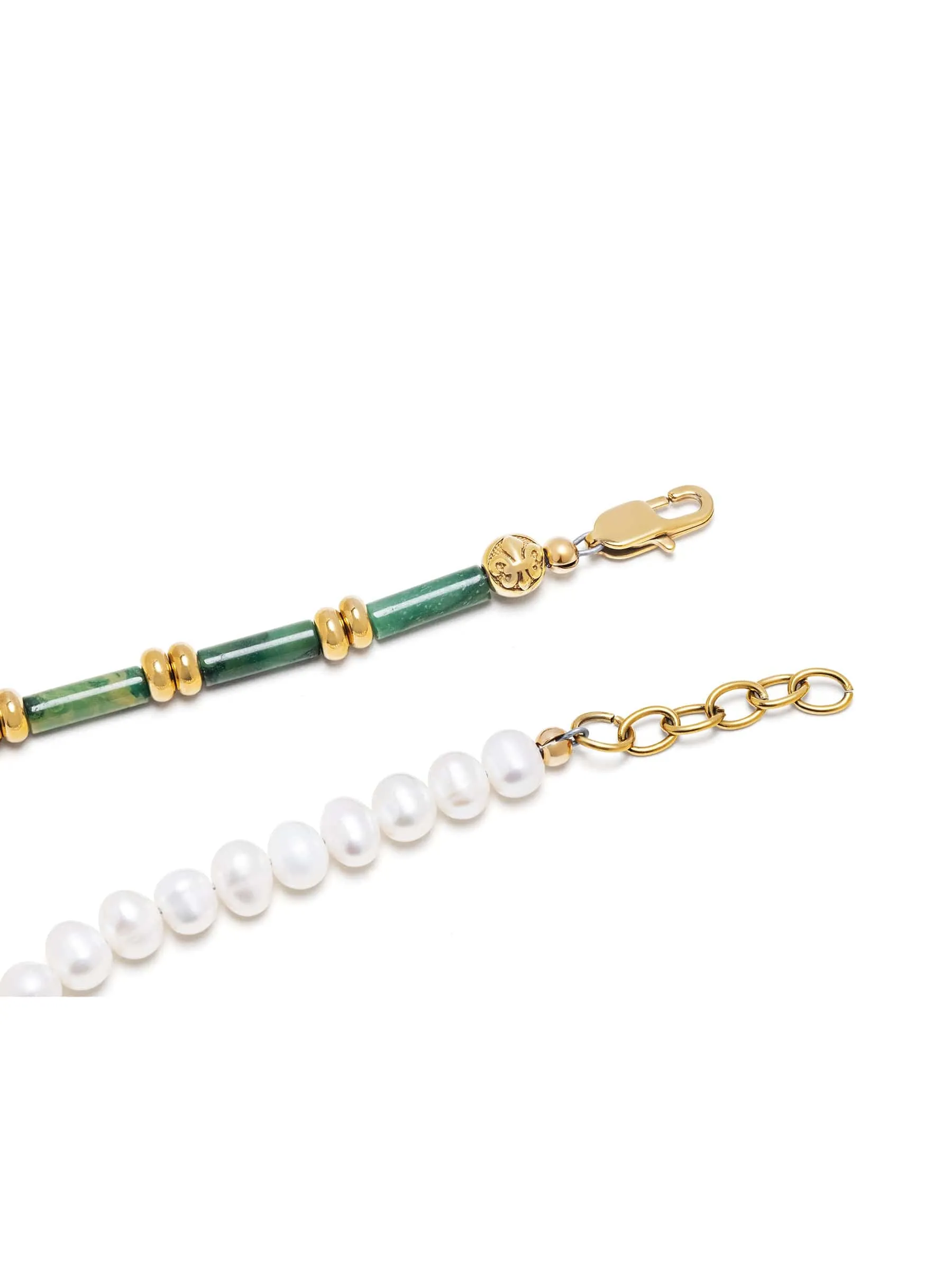 Beaded Necklace with Freshwater Pearls and Green Jade