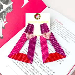 Beaded Rectangle Designed Earrings in Pink, Red, and Purple