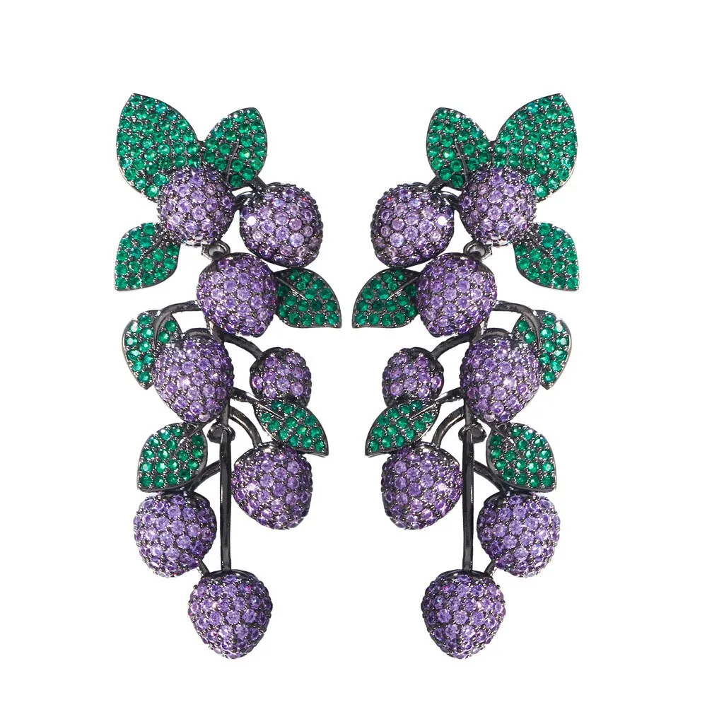 Beautiful Cubic Zircon Grape Earrings for Wedding, Crystals Flower Dangle Earring for Prom, Women Girl Gift SZE0544