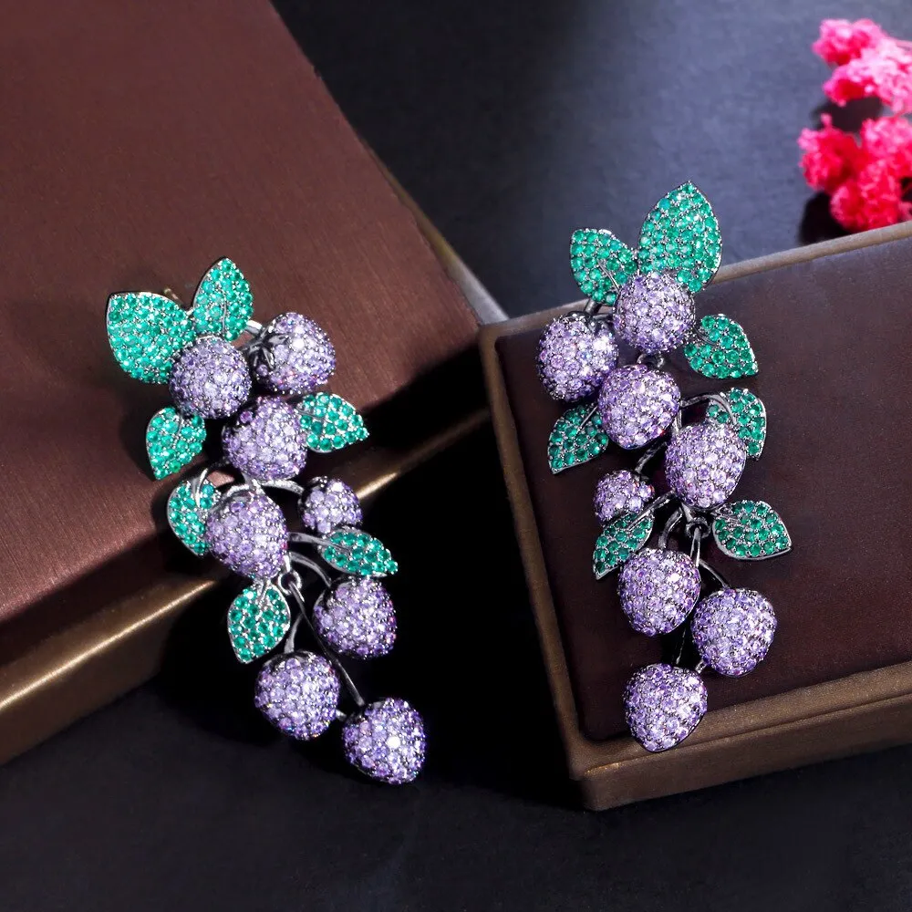 Beautiful Cubic Zircon Grape Earrings for Wedding, Crystals Flower Dangle Earring for Prom, Women Girl Gift SZE0544