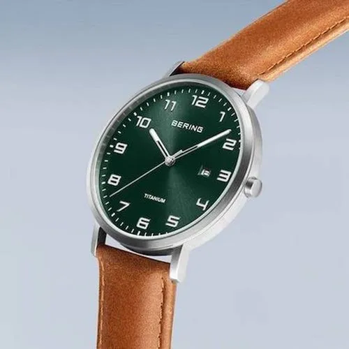 Bering Gents Titanium brushed silver Green Dial Tan Strap