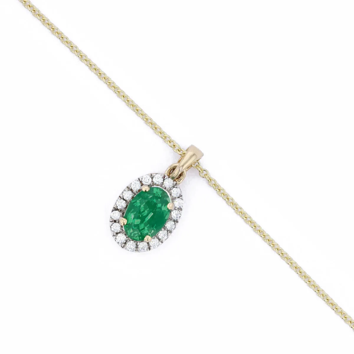 Bijou Collection 0.56ct Oval Emerald & Diamond Halo Necklace | 9K Yellow Gold