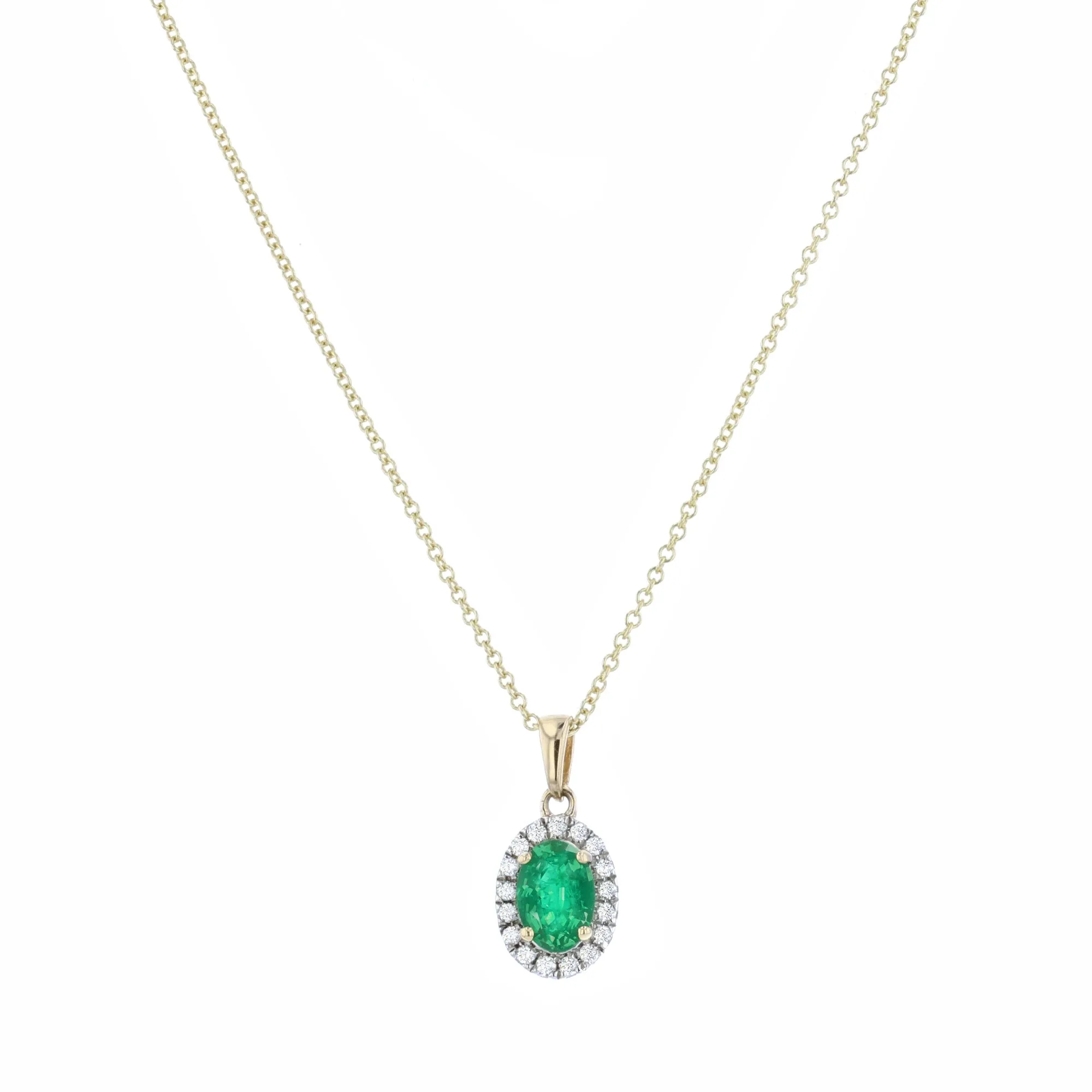 Bijou Collection 0.56ct Oval Emerald & Diamond Halo Necklace | 9K Yellow Gold