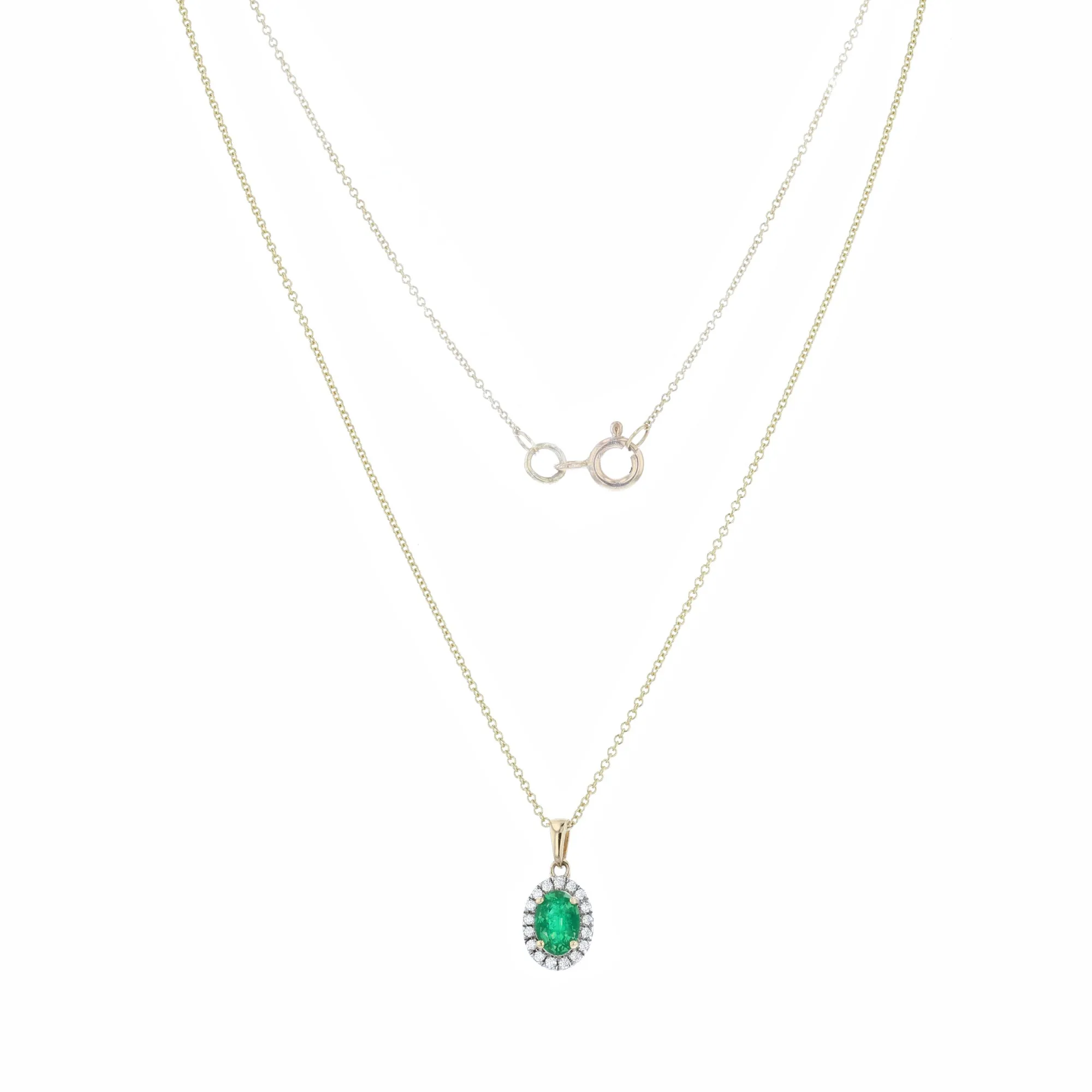 Bijou Collection 0.56ct Oval Emerald & Diamond Halo Necklace | 9K Yellow Gold