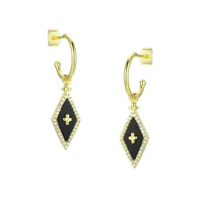 Black Agate Rhombus with Zircon Silver Drop Earrings for Women