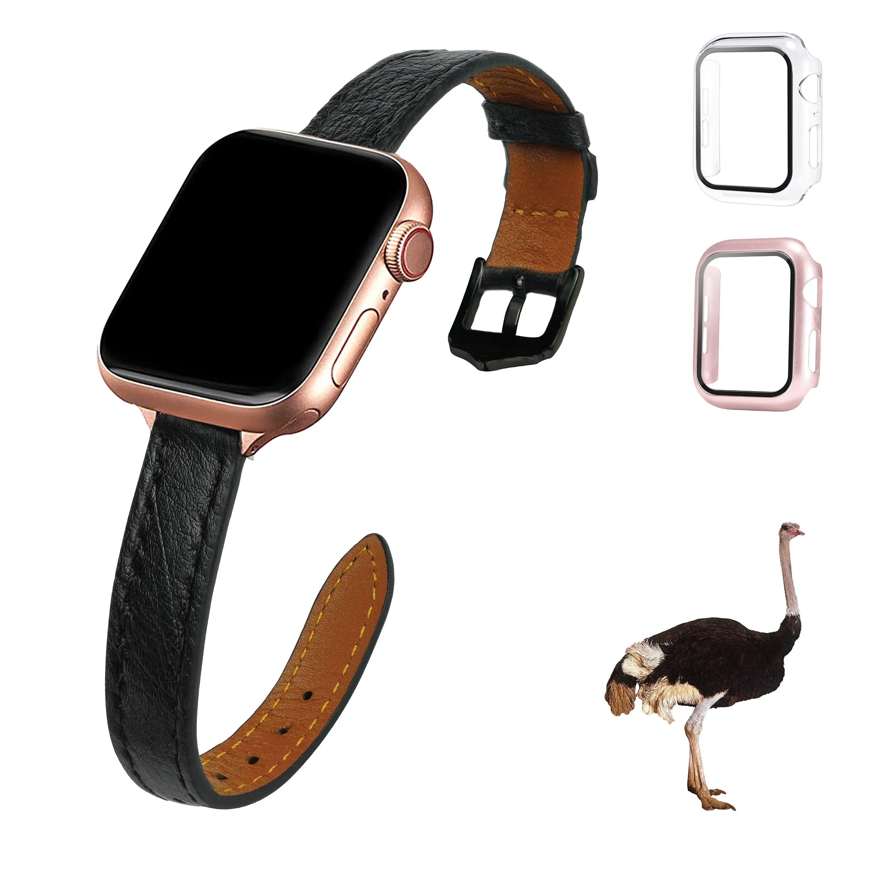 Black Flat Ostrich Leather Band Compatible Apple Watch Iwatch 41mm Screen Protector Case Gold Adapter Replacement Strap For Smartwatch Series 7 8 Leather Handmade AW-181G-W-41MM