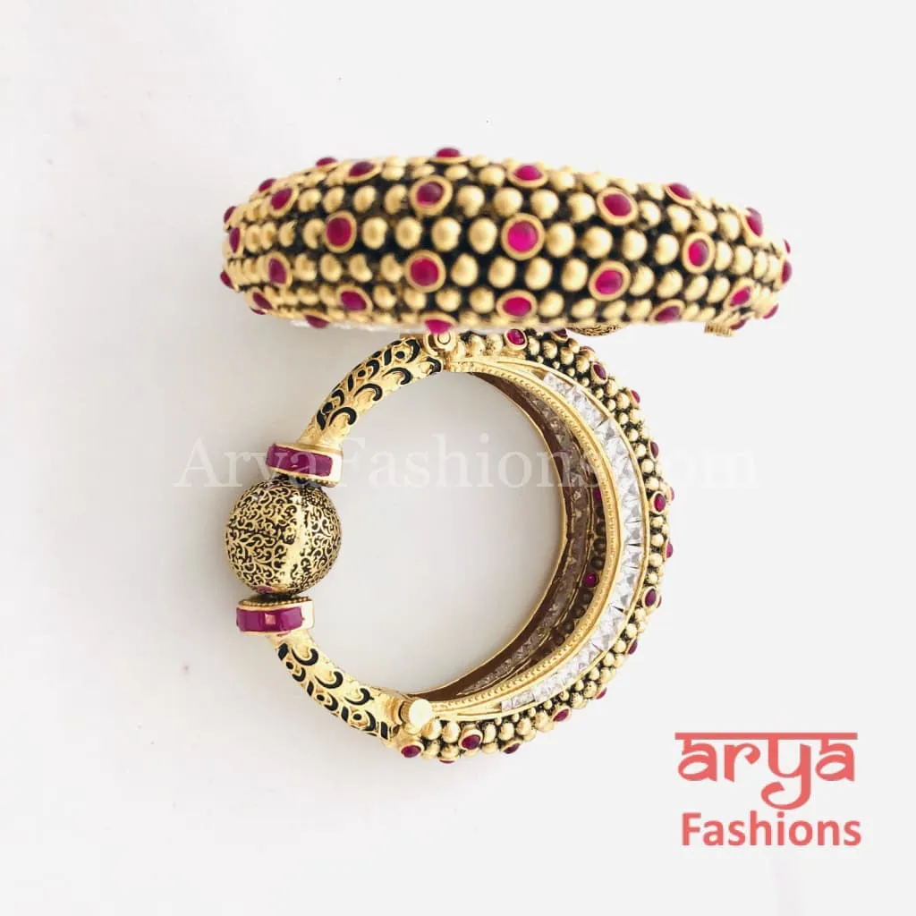 Black Meenakari Ruby Kundan Gokhru Bangles / Rajwadi Bracelet