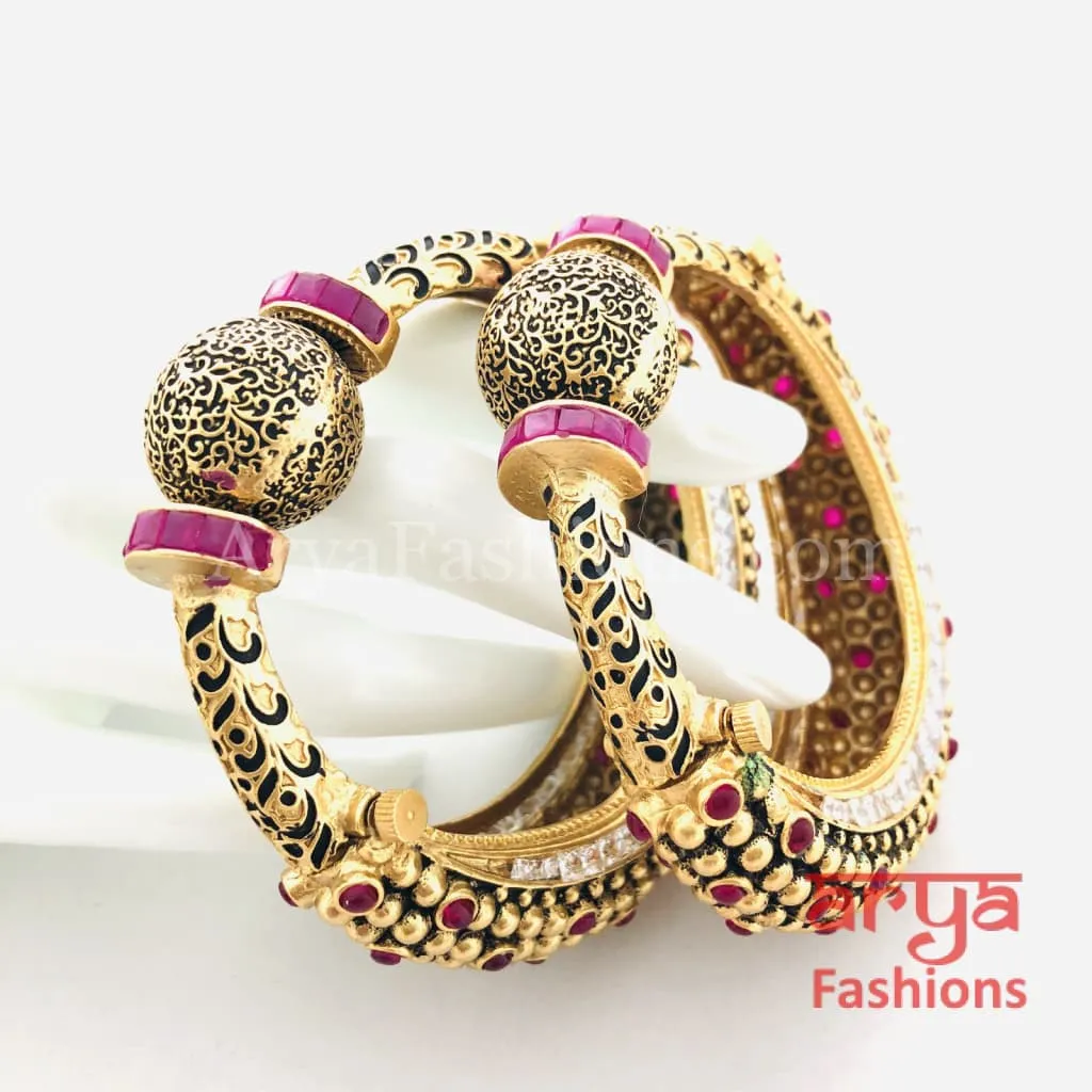 Black Meenakari Ruby Kundan Gokhru Bangles / Rajwadi Bracelet