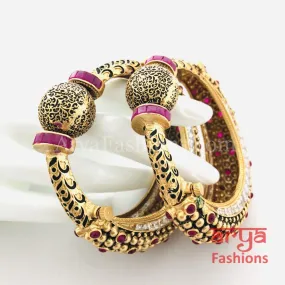 Black Meenakari Ruby Kundan Gokhru Bangles / Rajwadi Bracelet