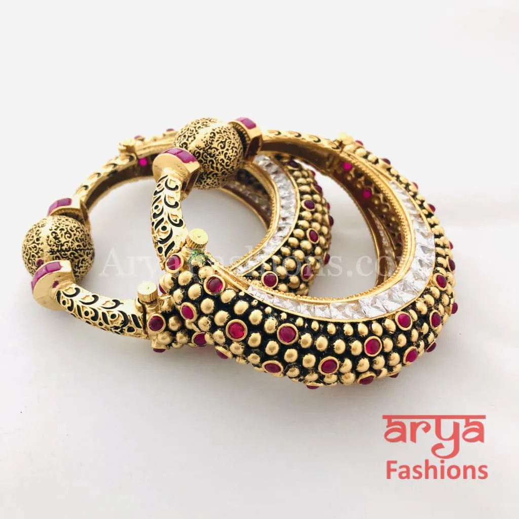 Black Meenakari Ruby Kundan Gokhru Bangles / Rajwadi Bracelet