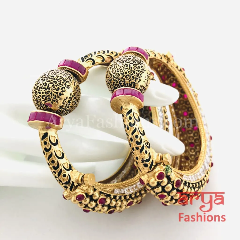 Black Meenakari Ruby Kundan Gokhru Bangles / Rajwadi Bracelet