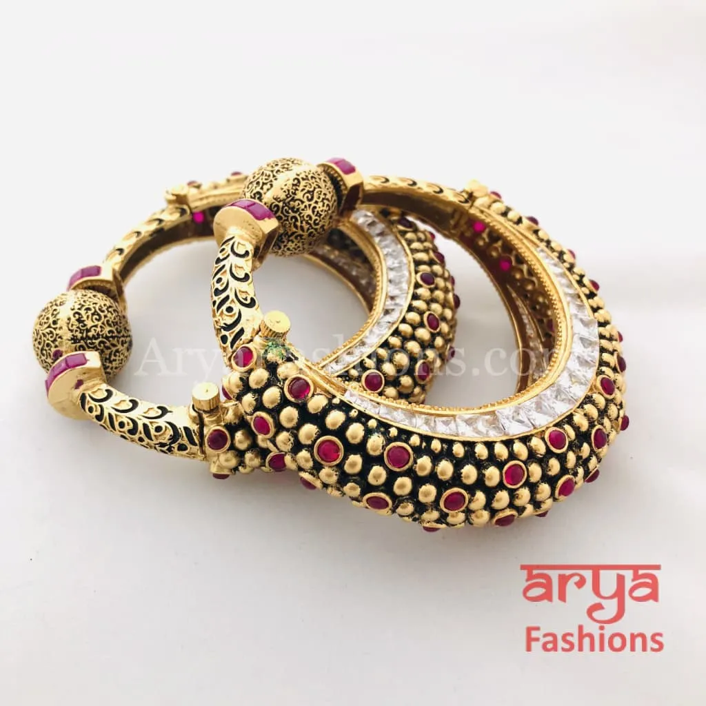 Black Meenakari Ruby Kundan Gokhru Bangles / Rajwadi Bracelet