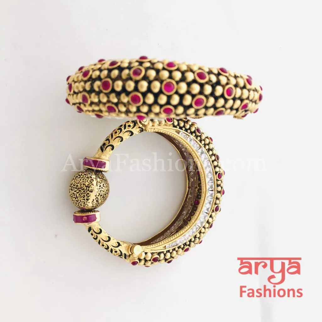 Black Meenakari Ruby Kundan Gokhru Bangles / Rajwadi Bracelet