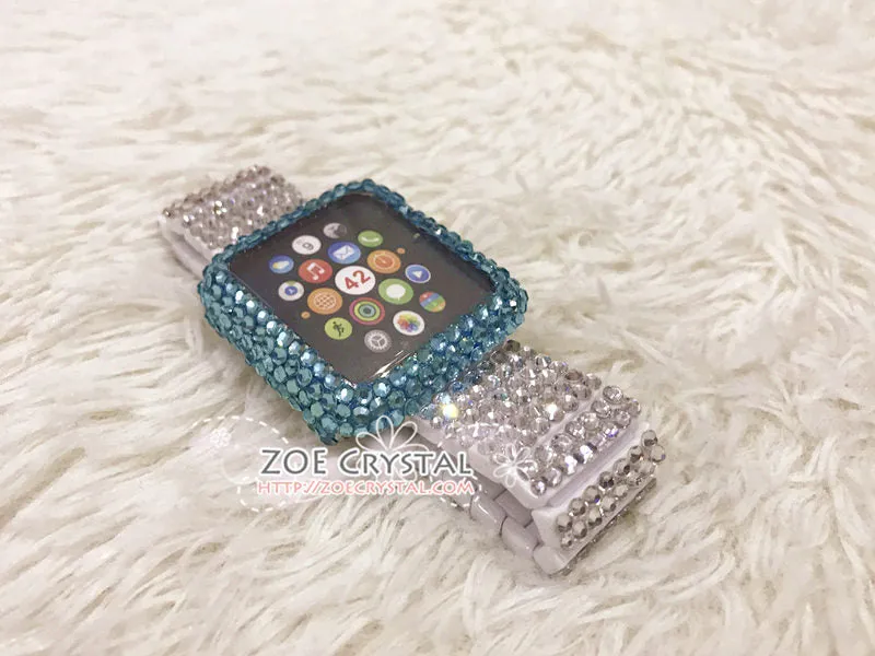 Bling Apple Watch Lake Blue Crystal Case / Protector / Cover with a Silver Swarovski Rhinestone iWatch Band / Strap