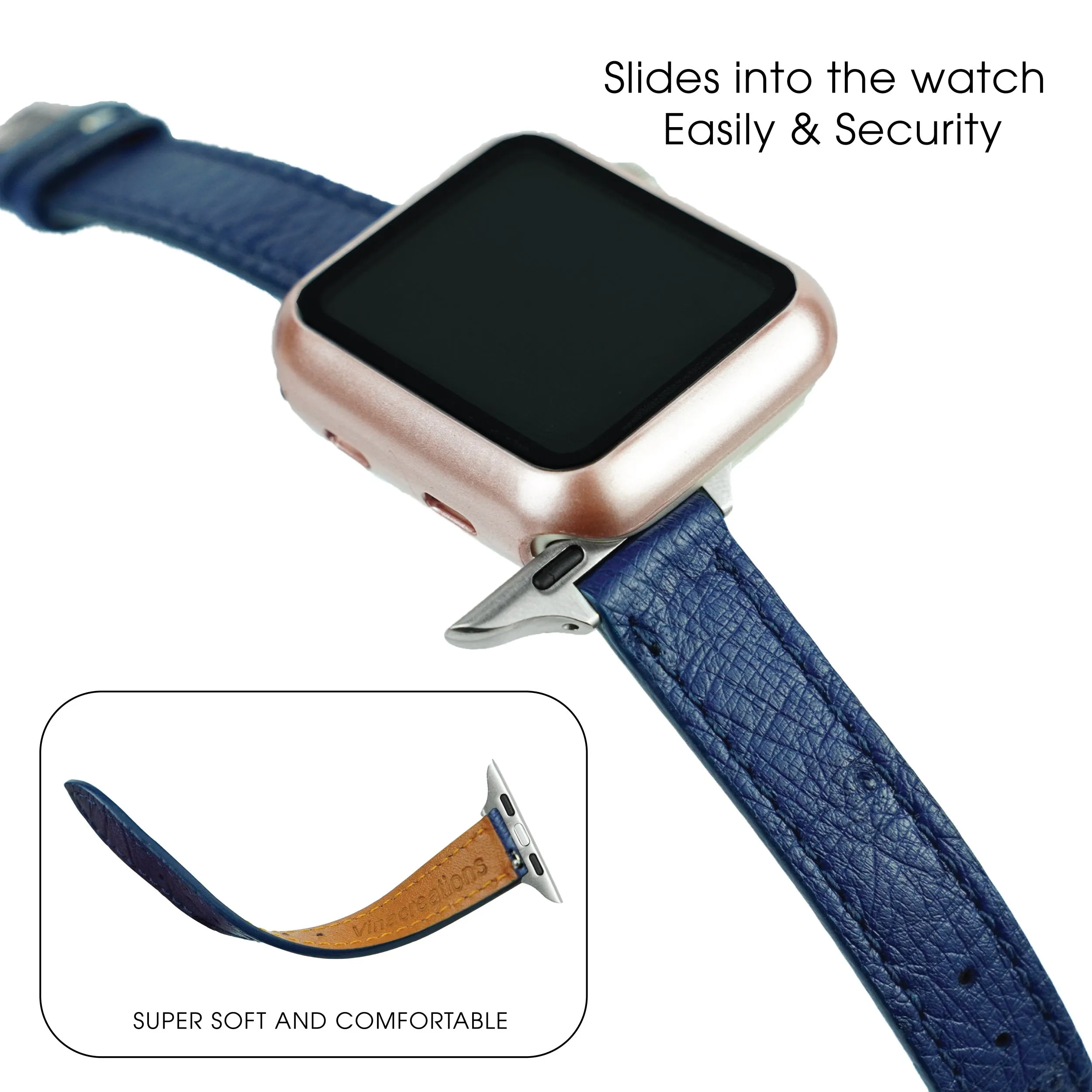 Blue Flat Ostrich Leather Band Compatible Apple Watch Iwatch 44mm Screen Protector Case Black Adapter Replacement Strap For Smartwatch Series 4 5 6 SE Leather Handmade AW-184S-W-44MM