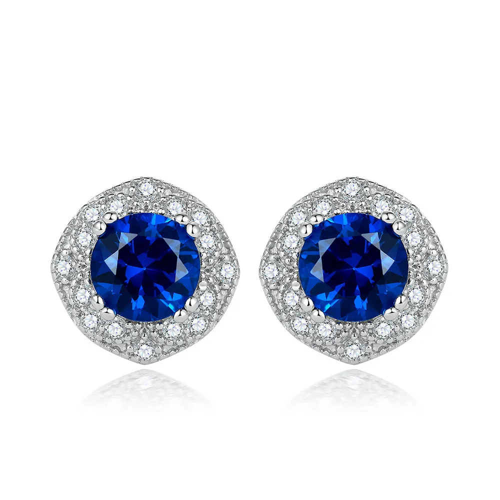 Blue Zircon Soleste Halo Silver Studs Earrings for Women