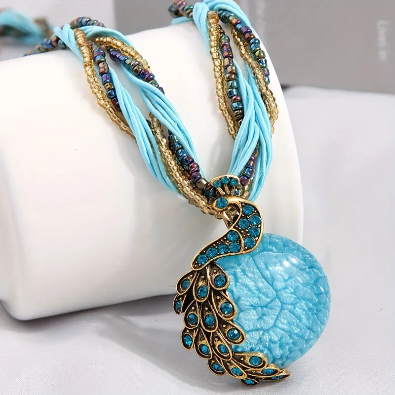 Bohemian Peacock Blue Multilayer Necklace  Stylish Jewelry Gift