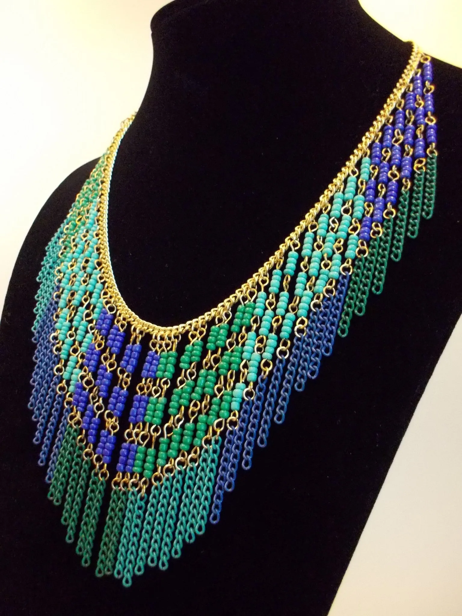 Boho Beaded Fringe Statement Necklace- Blue